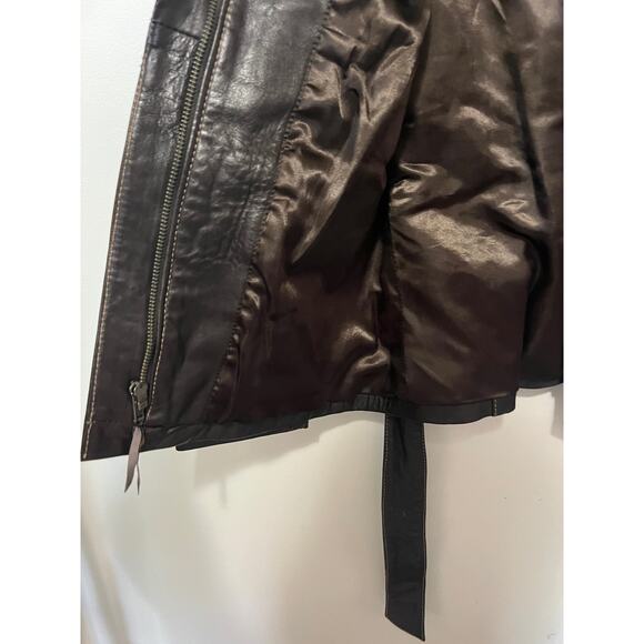 VTG 90s New Frontier Y2K Womens Brown Leather Belted Zip Jacket Coat Dressy 6 - Picture 6 of 9